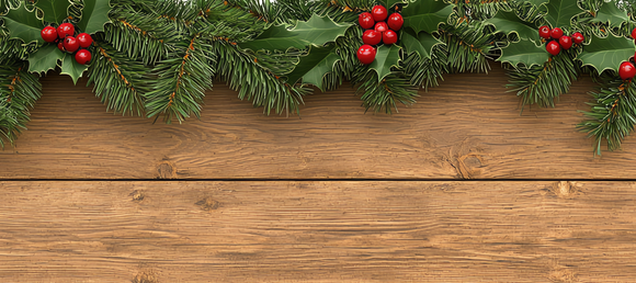 Festive garland with pine branches and red berries decorates the top of a rustic wooden background, evoking a warm holiday ambiance.